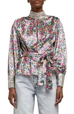 River Island Womens Blouse 12 Multicolor Floral Silver Sequined Trim Long Sleeve